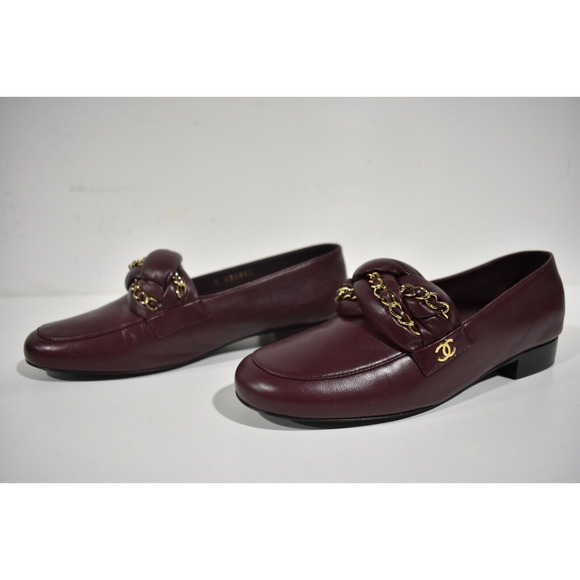 Chanel 17A Burgundy Red Braided CC Logo Gold Chain Slide Loafer Moccasin Flat 37 - Picture 8 of 10
